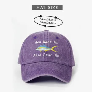 Detailed size guide for purple washed denim baseball cap with fish embroidery