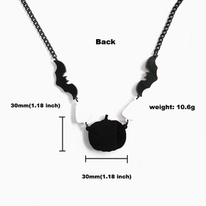 Gothic Halloween necklace featuring black bat and pumpkin pendants with size dimensions