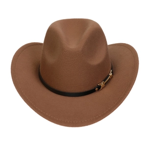 Detailed close-up of brown felt western cowboy hat with black band and gold buckle
