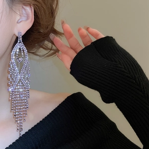 Detail shot of long silver tassel earrings with sparkling rhinestones on model
