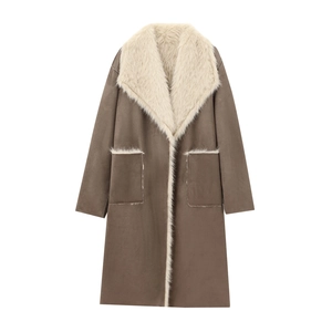 Women Faux Suede Faux Fur Coat Long Lapel Reversible Warm Winter Jacket Solid Elegant Outerwear With Pockets