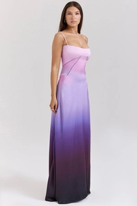 Detail of purple gradient satin maxi dress showing silk texture and slim fit design