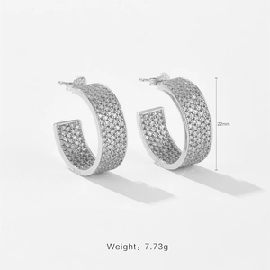 Men's hiphop S925 silver wide C-shape hoop earrings with full pavé cubic zirconia