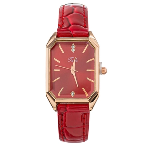 Fashionable women's quartz watch with red leather strap and sparkling gold octagonal dial