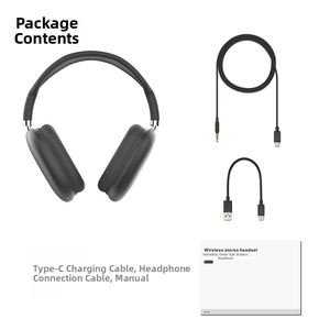Kit casque sans fil gris foncé avec câble Type-C, cordon audio et manuel sur fond blanc