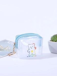 Cute transparent PVC square coin purse with blue zipper and colorful cartoon bear print