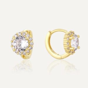 Boucles d'Oreilles Huggie en Argent Sterling S925 Plaqué Or 14K Luxe Français Design Haut de Gamme Zirconia Halo Femmes