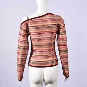 Back view of slim fit off-shoulder striped knit top with colorful hollow texture