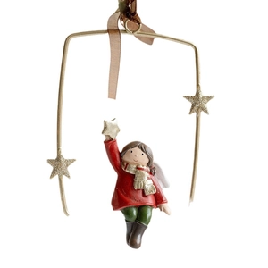 Vintage resin Christmas tree ornament featuring a gold arch and girl with wings figurine