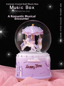 Detail of purple carousel music box featuring a unicorn and Happy Time base carving