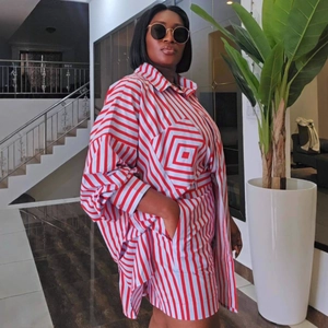 Red and white vertical striped long sleeve shirt and shorts set for women casual style