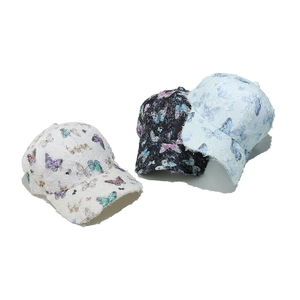 Summer butterfly lace baseball caps in black, white and blue with frayed fringe texture
