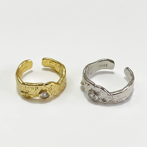 925 Sterling Silver Ring With Zircon Irregular Lava Texture Hammered Adjustable Open Design Women Minimalist Jewelry