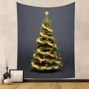 Dettaglio dell'arazzo con albero di Natale e ornamenti festivi su una parete decorata