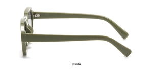 Side view of olive green retro oval sunglasses showing temple curve and hinge detail