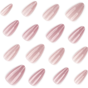 Mandelform Kunstnägel Set in Nude Pink mit Glitzer und Hochglanz-Finish