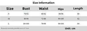 Detailed size chart including bust and waist measurements for the backless butterfly dress