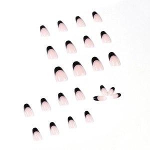 Faux ongles press-on élégants, base rose nude avec pointes noires, forme ovale, 24 pcs