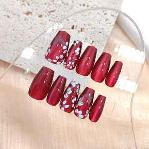 Wine Red Cat Eye Press On Nails With Butterfly Flower Patterns ABS Plastic Ballerina Coffin Shape For Women Elegant Long