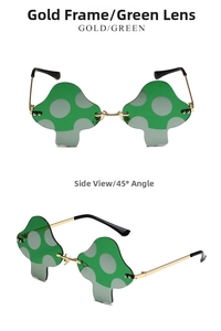 Detail of green mushroom lens sunglasses with white dots and gold metal frame