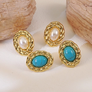 Vintage Oval Stud Earrings Stainless Steel Gold Plated Faux Artificial Pearl Turquoise Twisted Rope Design French Elegant Jewelry For Women
