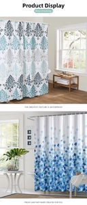 Detail of waterproof polyester shower curtains with blue damascus and gradient patterns