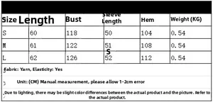 Detailed size chart for V-neck knit sweater showing measurements in centimeters