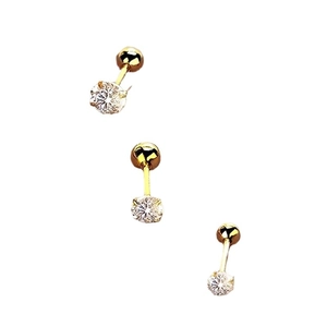 Three gold stainless steel stud earrings with brilliant white cubic zirconia and screw backs