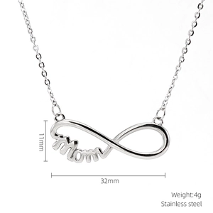 Detail view of Mom infinity pendant necklace in polished silver stainless steel