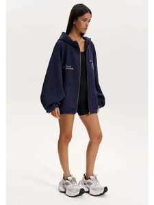 Oversized navy zip-up hoodie with vintage print and drop shoulder loose fit style