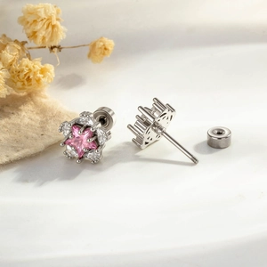 Double-layered pink star zircon stud earrings with silver titanium steel screw backs