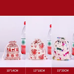 Christmas cotton linen drawstring gift bags with gold foil patterns in three sizes