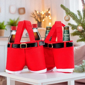 Christmas Santa pants gift bags for wine bottles with black belt details in 2-piece set