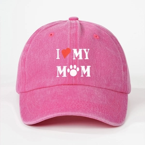 Vintage rose pink washed cotton baseball cap with I Love My Mom paw print embroidery
