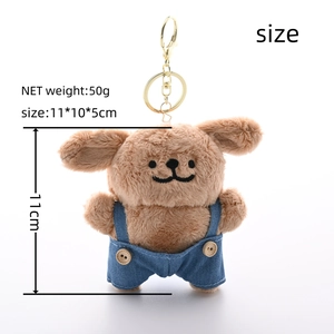 Cute plush brown puppy keychain wearing blue denim overalls with size 11cm height