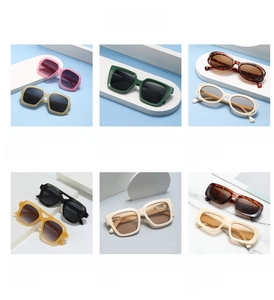 Collage of square and oval sunglasses in vibrant colors like pink and leopard print