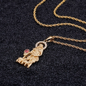 Retro stainless steel gold saint pendant necklace with red stone and white crystals