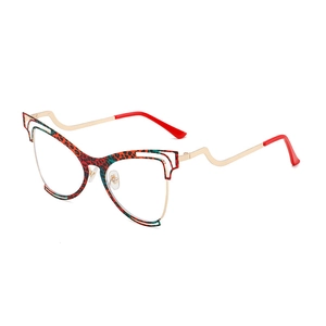Fashion butterfly cat-eye glasses frame with red and green leopard pattern and metal arms