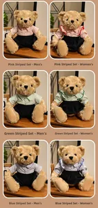 Detailed grid of teddy bears in pink, green, and blue striped shirts and cute dresses