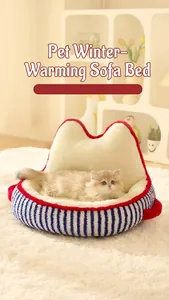 Close-up of cute cat ear shaped pet sofa bed with warm white plush lining for kittens