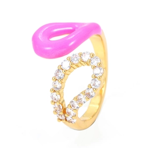 Pink enamel and sparkling zircon open ring in 18K gold plated copper for women