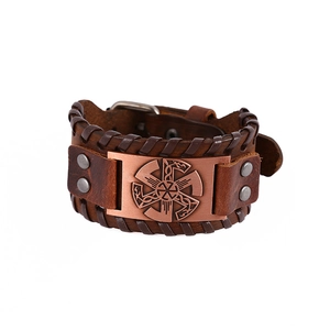 Adjustable brown leather Viking bracelet with vintage bronze wheel of sun metal plate