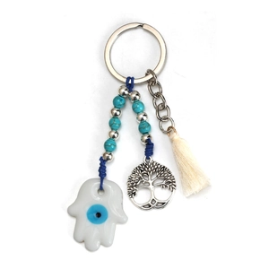 Evil eye Hamsa hand keychain with tree of life charm and white decorative tassel
