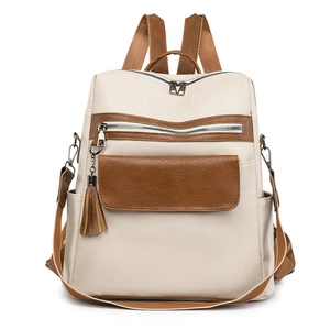 Minimalist beige and brown PU leather backpack for women with front tassel pocket