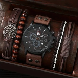 Men's quartz watch and bracelet set with brown leather strap and wood beads in gift box