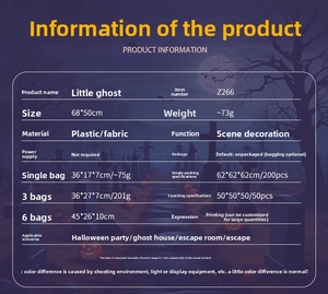 Detailed specifications for Halloween white hanging ghost decor, size 68x50cm, plastic and fabric