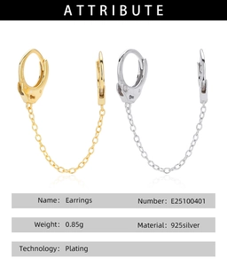 Technical specs for 925 silver double hoop chain earrings with gold plating finish