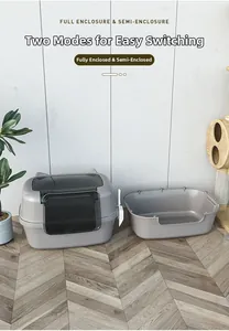 Dual-mode gray cat litter box showing fully and semi-enclosed setup for large cats