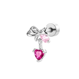 Silver bow cartilage piercing with pink heart and teardrop gems on a white background