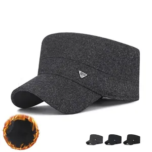 Winter Cadet Cap Men Fleece Lined Thickened Warm Flat Top Hat With Earflaps Metal Logo Adjustable Casual Outdoor